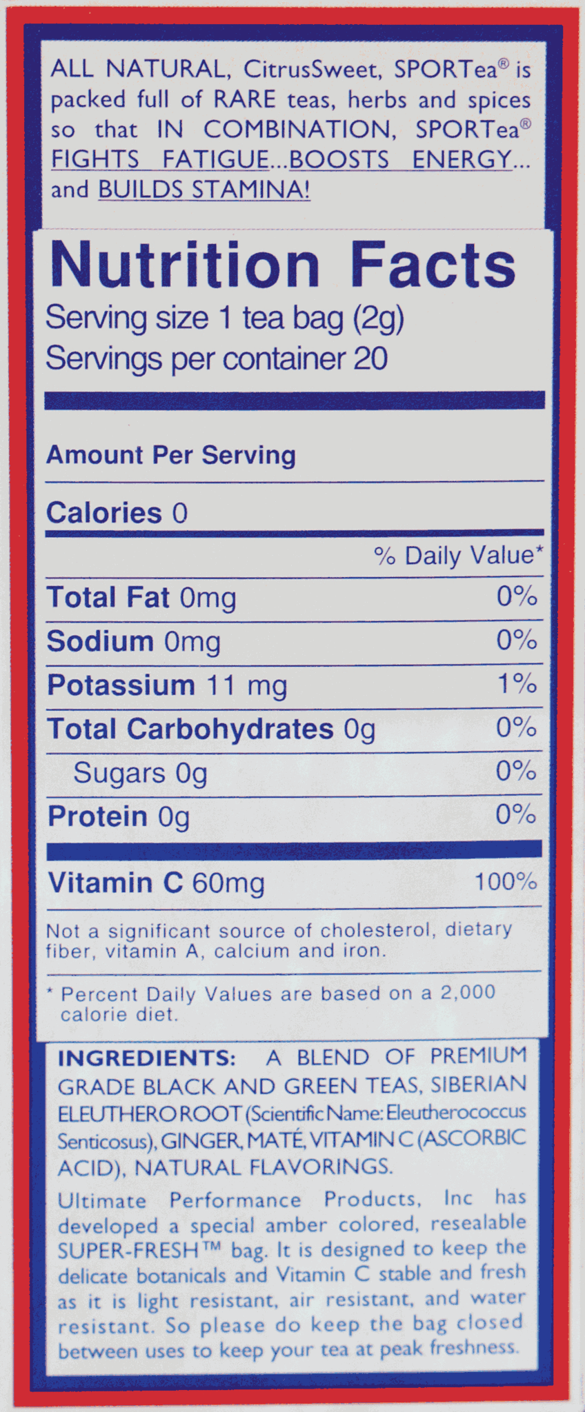 Hot SPORTea Box Nutritional Info